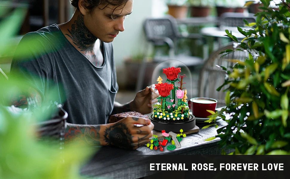LED Flower Bouquet Building Kit - Red Roses Botanical Blocks for Valentines Gift - silverfoxgoods